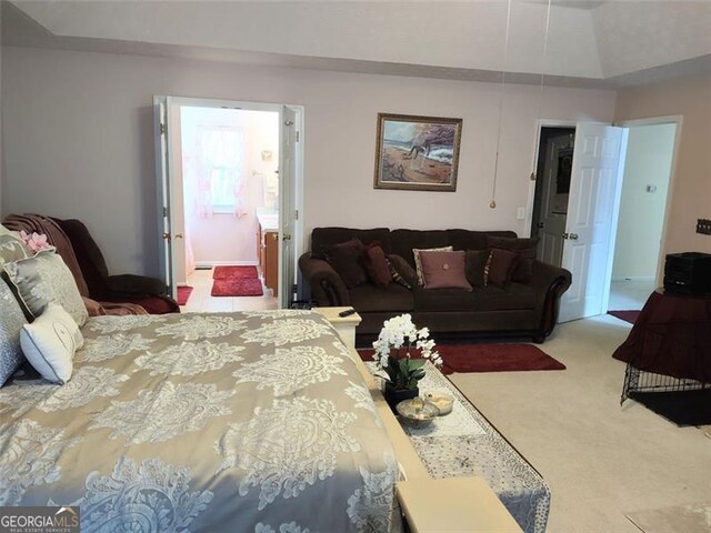 bedroom with ensuite bathroom and carpet flooring