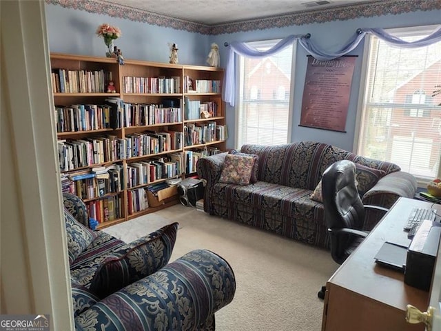 living area featuring carpet flooring