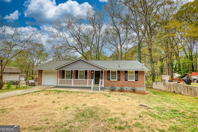 ranch-style home featuring covered porch, a garage, brick siding, and concrete driveway