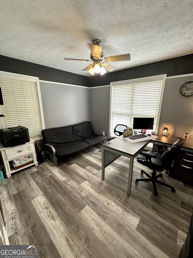 4100 Jewel Rdg, Monroe, GA 30655 - office featuring a ceiling fan, a textured ceiling, and wood finished floors