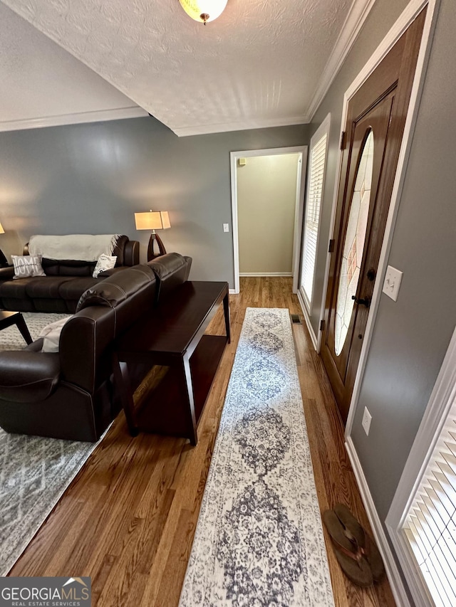 4100 Jewel Rdg, Monroe, GA 30655 - living area featuring wood finished floors, a textured ceiling, ornamental molding, and baseboards