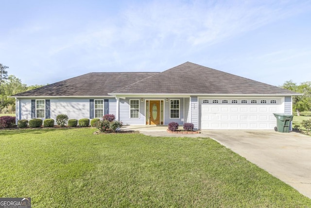 single story home featuring a front lawn, driveway, a shingled roof, and an attached garage