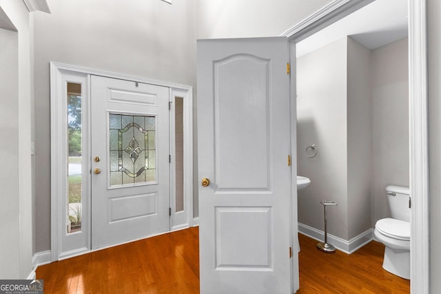 foyer with baseboards and wood finished floors