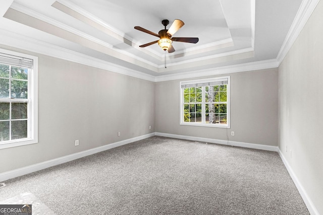 carpeted spare room with a ceiling fan, a raised ceiling, ornamental molding, and baseboards
