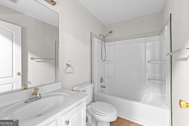 full bathroom featuring toilet, vanity, tile patterned flooring, tub / shower combination, and visible vents