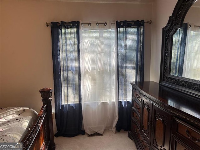 bedroom with multiple windows and light carpet