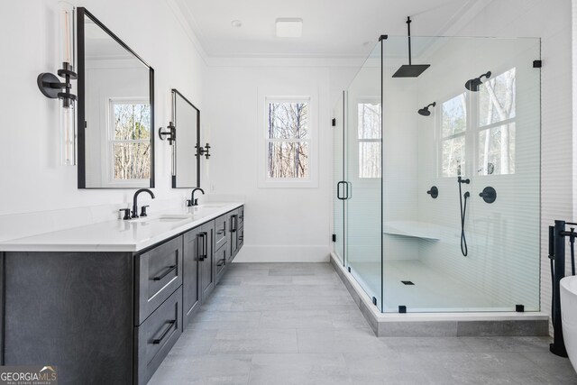 18390 Birmingham Hwy, Alpharetta, GA 30004 - full bathroom featuring double vanity, a sink, a stall shower, and crown molding