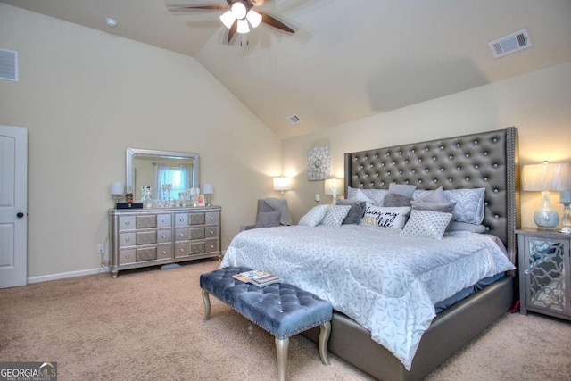 carpeted bedroom featuring visible vents, baseboards, ceiling fan, and lofted ceiling