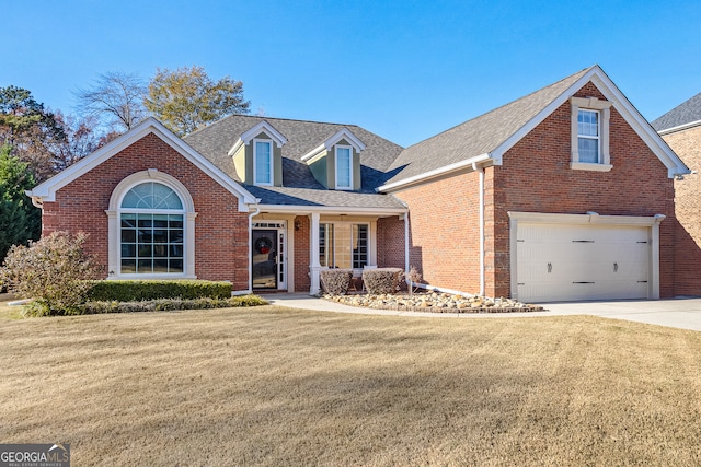 2105 Rotunda Ct, Conyers, GA 30094 - view of front of home with concrete driveway, a garage, a front lawn, brick siding, and a shingled roof
