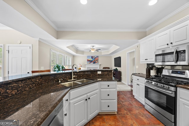 1803 Gold Finch Way, Lawrenceville, GA 30043 - kitchen with stainless steel appliances, a sink, a ceiling fan, ornamental molding, and a tray ceiling
