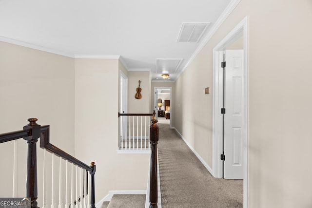 1803 Gold Finch Way, Lawrenceville, GA 30043 - hall with an upstairs landing, attic access, carpet, crown molding, and baseboards