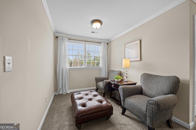 living area with baseboards, ornamental molding, carpet, and visible vents