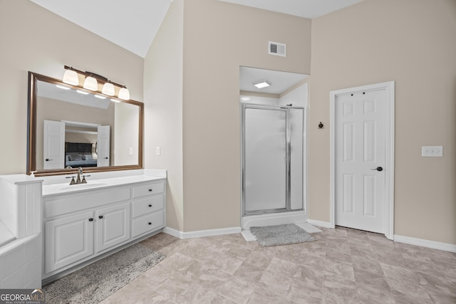 full bath featuring visible vents, baseboards, ensuite bath, high vaulted ceiling, and a stall shower