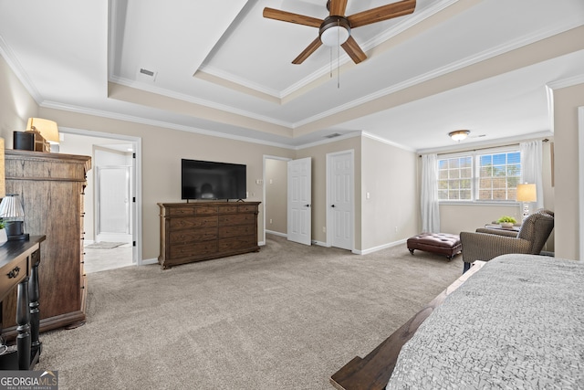 1803 Gold Finch Way, Lawrenceville, GA 30043 - carpeted bedroom with a raised ceiling, crown molding, baseboards, and ensuite bathroom