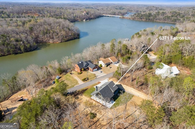 birds eye view of property featuring a water view and a forest view