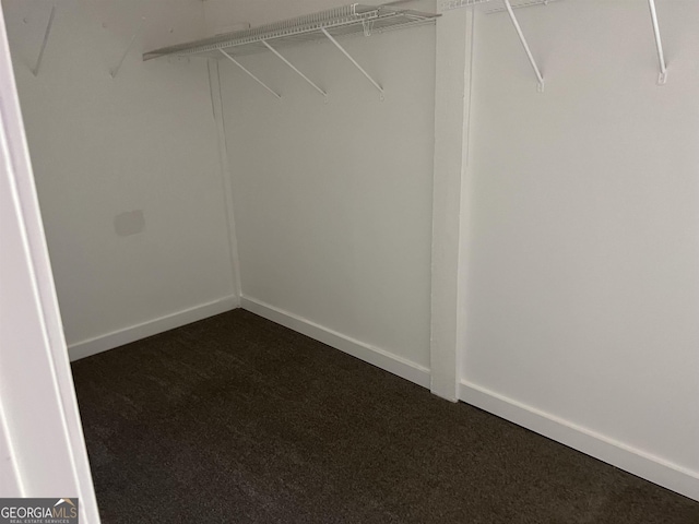 walk in closet with dark carpet
