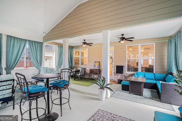 view of patio / terrace featuring a ceiling fan, outdoor dining space, and outdoor lounge area