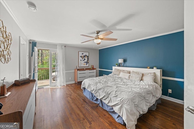 bedroom with access to outside, crown molding, wood finished floors, baseboards, and ceiling fan