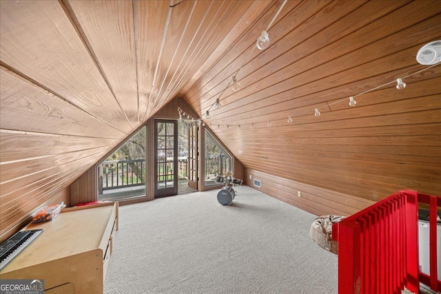 bonus room with wood ceiling, wooden walls, vaulted ceiling, and carpet flooring