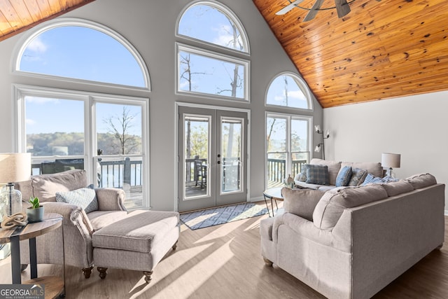 109 Shelton Ln, Eatonton, GA 31024 - living room featuring ceiling fan, high vaulted ceiling, wooden ceiling, and wood finished floors