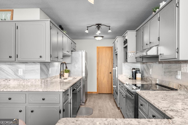 109 Shelton Ln, Eatonton, GA 31024 - kitchen with a peninsula, visible vents, gray cabinets, electric stove, and light wood finished floors