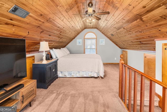 109 Shelton Ln, Eatonton, GA 31024 - bedroom featuring a ceiling fan, vaulted ceiling, visible vents, light carpet, and wooden ceiling