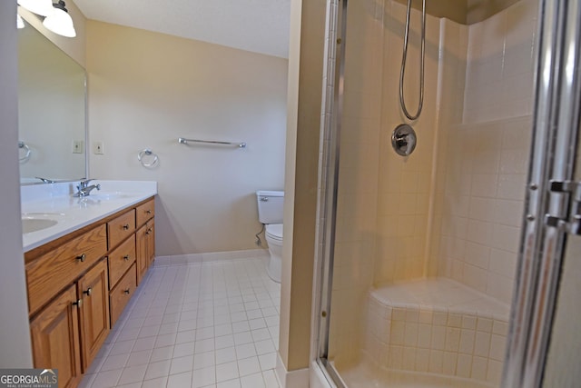3112 Allison Ct, Young Harris, GA 30582 - bathroom with a stall shower, toilet, a sink, tile patterned flooring, and baseboards