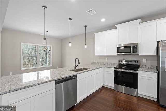 5726 Ridgewater Cir, Gainesville, GA 30506 - kitchen featuring white cabinetry, dark wood-style flooring, stainless steel appliances, a sink, and a peninsula
