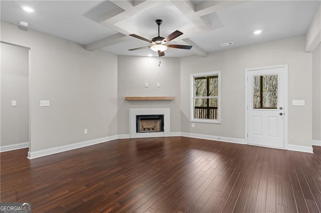 5726 Ridgewater Cir, Gainesville, GA 30506 - unfurnished living room with coffered ceiling, wood-type flooring, baseboards, a ceiling fan, and a fireplace