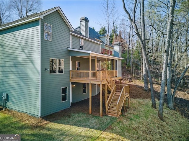 5726 Ridgewater Cir, Gainesville, GA 30506 - back of house featuring a chimney, a wooden deck, and stairway
