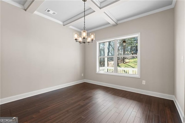 5726 Ridgewater Cir, Gainesville, GA 30506 - unfurnished room featuring dark wood-style flooring, visible vents, baseboards, an inviting chandelier, and coffered ceiling