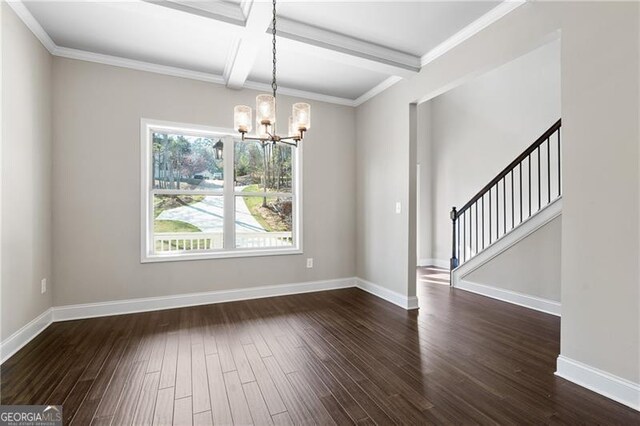 5726 Ridgewater Cir, Gainesville, GA 30506 - unfurnished dining area featuring stairs, dark wood-type flooring, baseboards, beam ceiling, and a notable chandelier