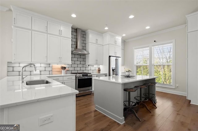 kitchen featuring ornamental molding, a sink, wall chimney exhaust hood, tasteful backsplash, and appliances with stainless steel finishes