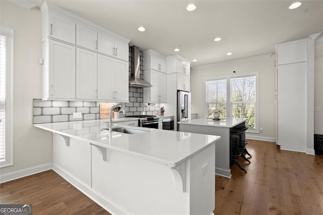 kitchen featuring a sink, stainless steel appliances, wall chimney exhaust hood, decorative backsplash, and a kitchen island