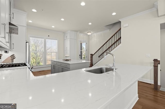 kitchen featuring a sink, ornamental molding, light stone counters, a center island, and dark wood-style floors