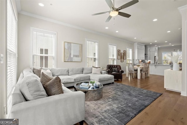 living room with ceiling fan, ornamental molding, recessed lighting, and dark wood finished floors