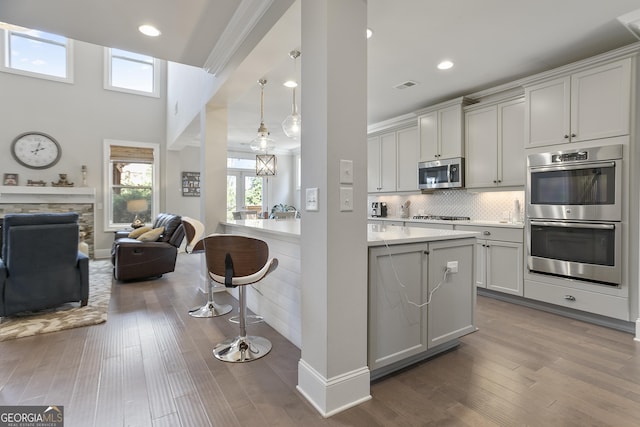 11395 Crestview Ter, Johns Creek, GA 30024 - kitchen featuring appliances with stainless steel finishes, open floor plan, a breakfast bar, light countertops, and dark wood-style floors