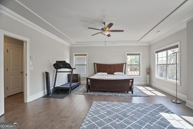 11395 Crestview Ter, Johns Creek, GA 30024 - bedroom featuring dark wood finished floors, baseboards, ornamental molding, and ceiling fan