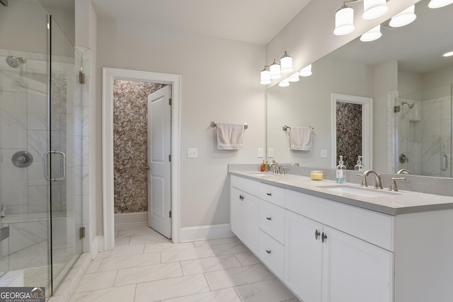 11395 Crestview Ter, Johns Creek, GA 30024 - full bathroom with marble look tile flooring, a stall shower, double vanity, and baseboards