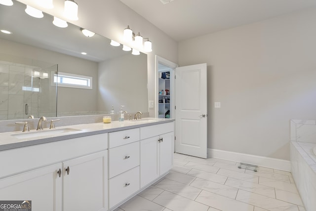 11395 Crestview Ter, Johns Creek, GA 30024 - full bath with marble finish flooring, a shower stall, and double vanity