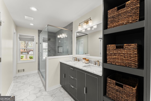 385 Jayne Ellen Way, Alpharetta, GA 30009 - full bathroom featuring marble finish flooring, baseboards, a stall shower, recessed lighting, and double vanity