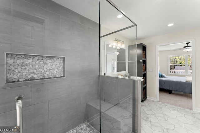 385 Jayne Ellen Way, Alpharetta, GA 30009 - ensuite bathroom featuring ceiling fan, a walk in shower, tile patterned floors, baseboards, and recessed lighting