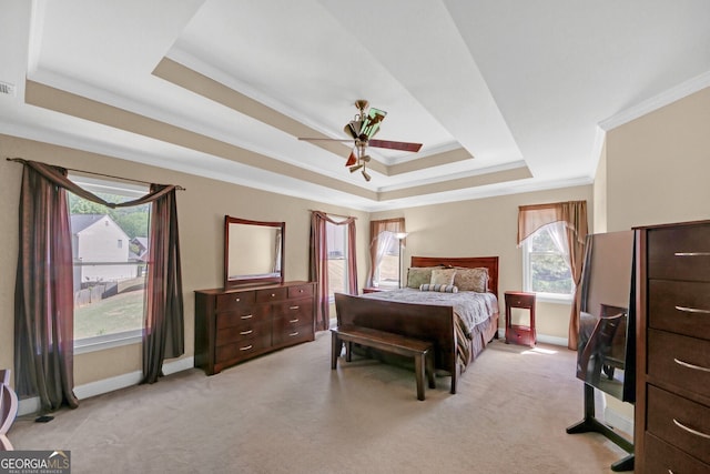 1210 Spring Branch Ct, Lawrenceville, GA 30045 - bedroom with a tray ceiling, crown molding, light colored carpet, and ceiling fan