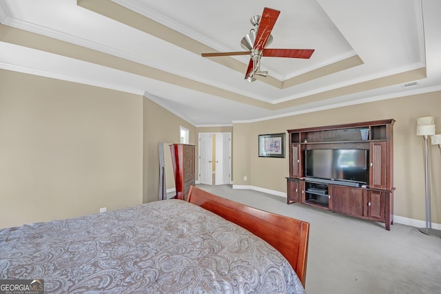 1210 Spring Branch Ct, Lawrenceville, GA 30045 - bedroom with a raised ceiling, carpet flooring, ornamental molding, and ceiling fan