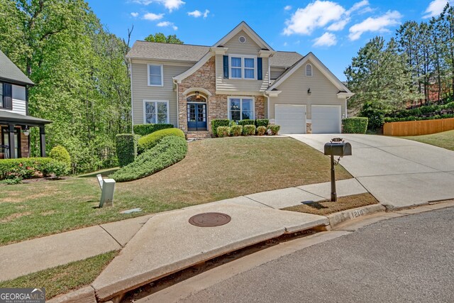 1210 Spring Branch Ct, Lawrenceville, GA 30045 - traditional home featuring stone siding, concrete driveway, a front yard, and an attached garage