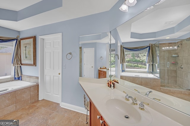 1210 Spring Branch Ct, Lawrenceville, GA 30045 - bathroom featuring a bath, vanity, and a shower stall