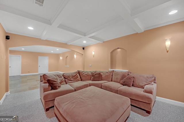 1210 Spring Branch Ct, Lawrenceville, GA 30045 - living area with arched walkways, coffered ceiling, light colored carpet, beam ceiling, and recessed lighting