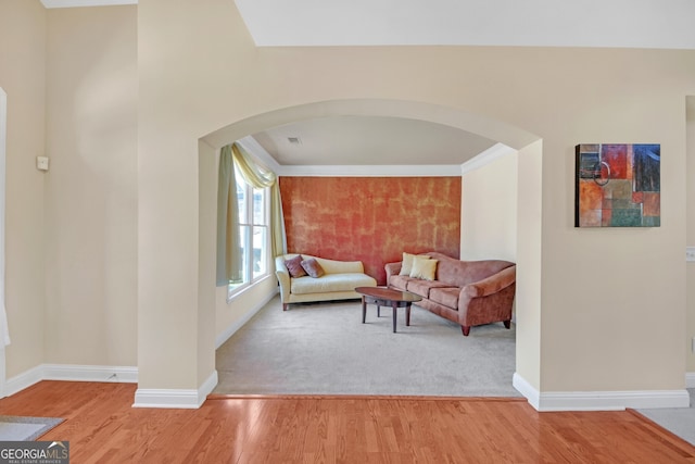 1210 Spring Branch Ct, Lawrenceville, GA 30045 - living room with arched walkways, wood finished floors, and ornamental molding