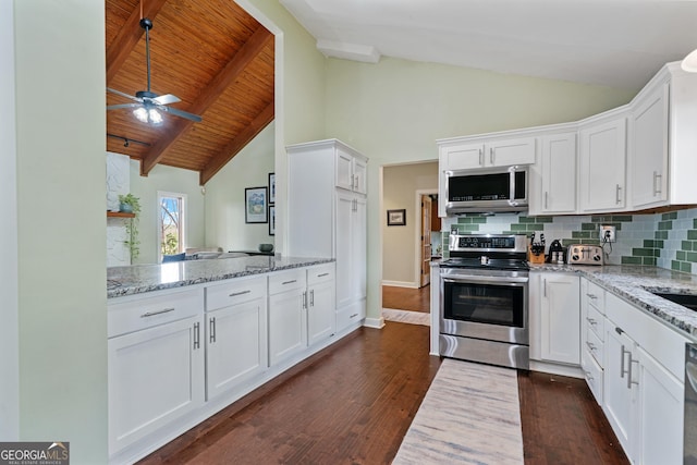 kitchen featuring white cabinetry, decorative backsplash, dark wood-type flooring, and stainless steel appliances