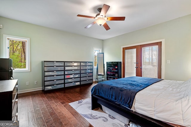 bedroom with french doors, a ceiling fan, access to outside, baseboards, and hardwood / wood-style floors